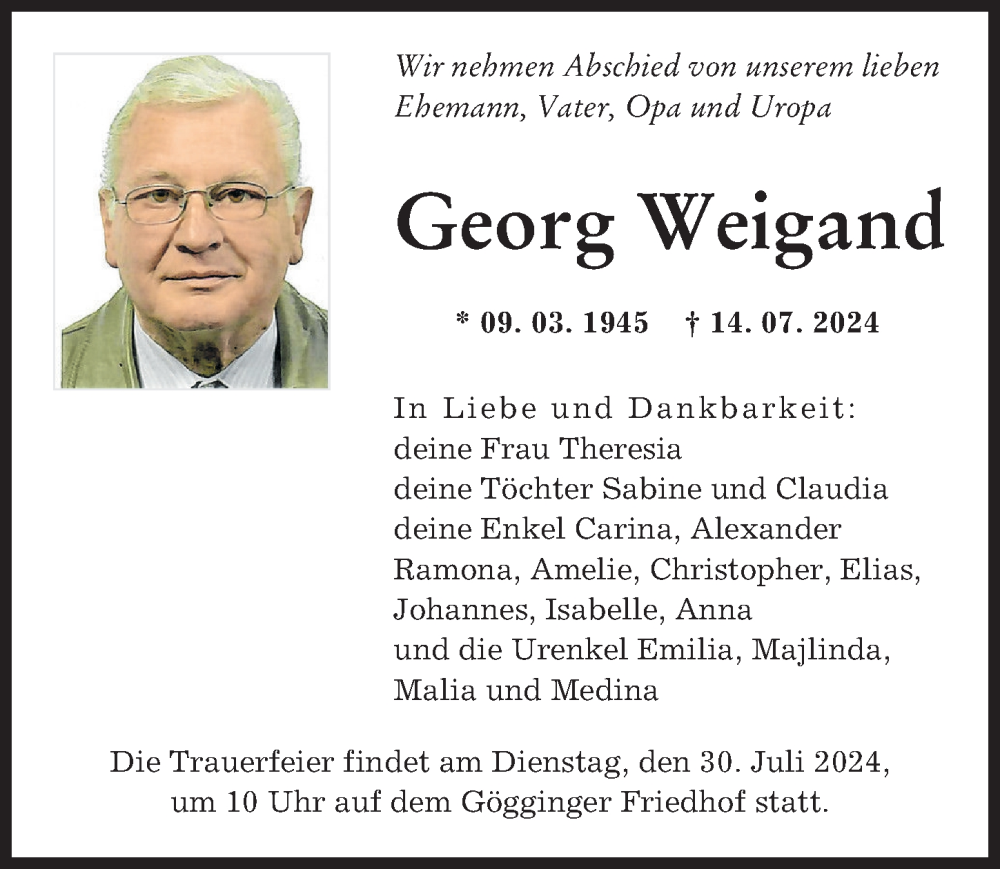 Traueranzeige von Georg Weigand von Augsburger Allgemeine