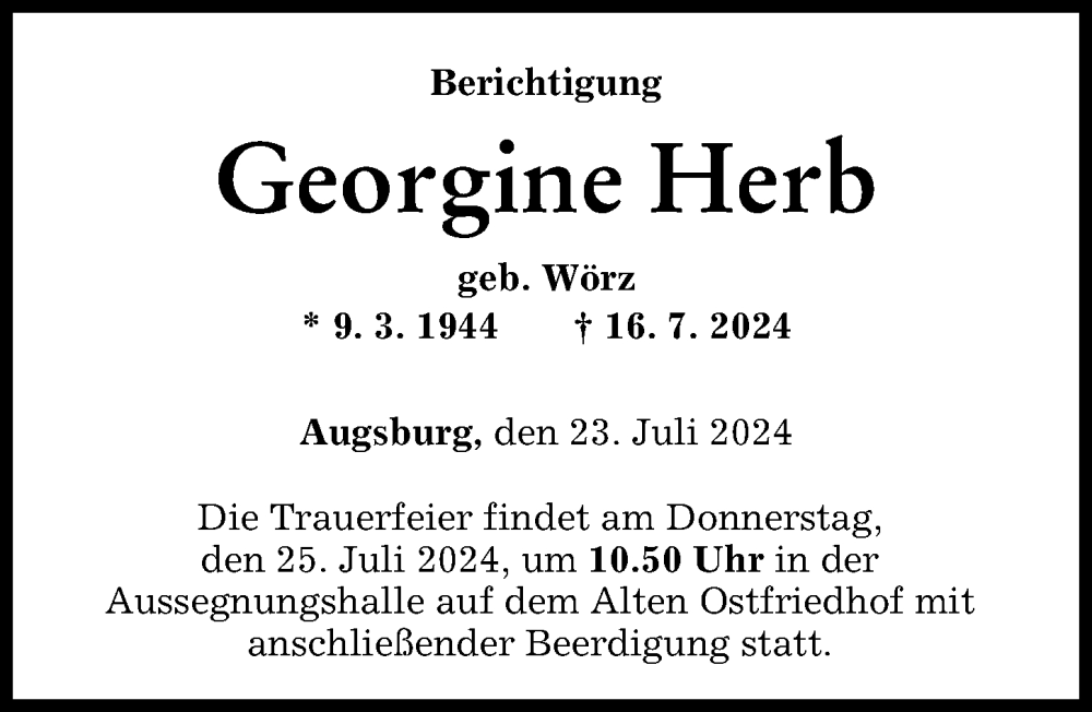 Traueranzeige von Georgine Herb von Augsburger Allgemeine
