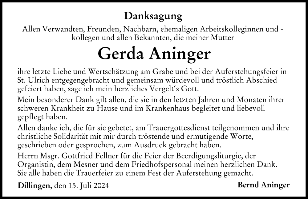 Traueranzeige von Gerda Aninger von Donau Zeitung