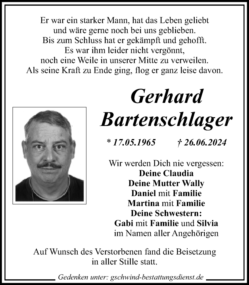 Traueranzeige von Gerhard Bartenschlager von Mittelschwäbische Nachrichten, Günzburger Zeitung