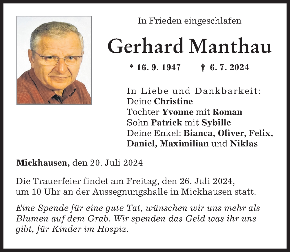 Traueranzeige von Gerhard Manthau von Schwabmünchner Allgemeine