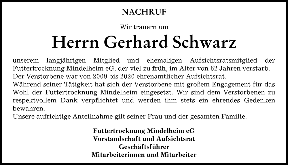 Traueranzeige von Gerhard Schwarz von Mindelheimer Zeitung