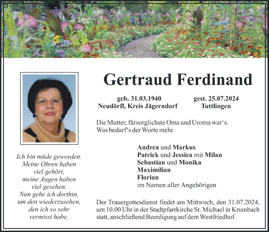 Traueranzeige von Gertraud Ferdinand von Mittelschwäbische Nachrichten