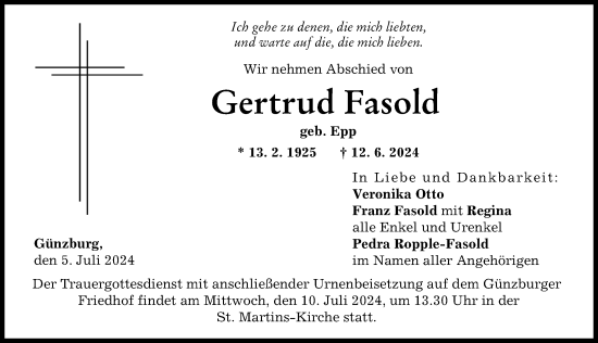 Traueranzeige von Gertrud Fasold von Günzburger Zeitung