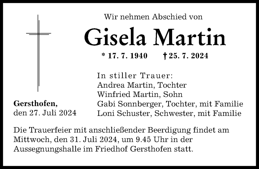 Traueranzeige von Gisela Martin von Augsburger Allgemeine