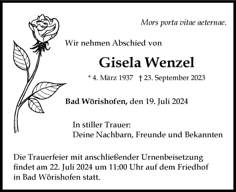 Traueranzeige von Gisela Wenzel von Mindelheimer Zeitung