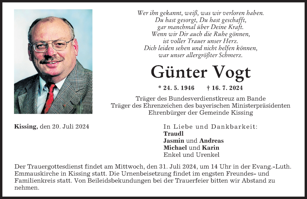 Traueranzeige von Günter Vogt von Friedberger Allgemeine, Augsburger Allgemeine