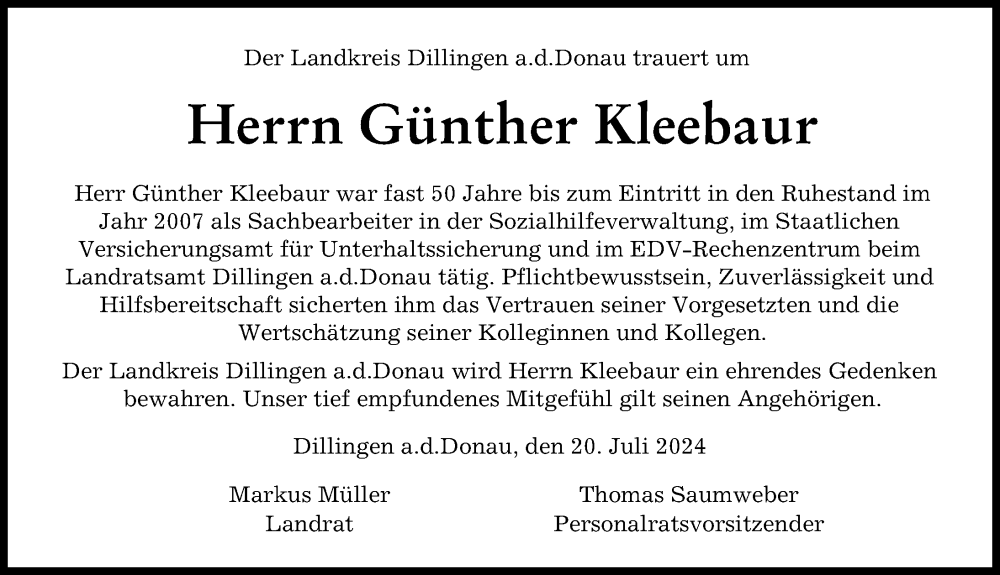 Traueranzeige von Günther Kleebaur von Donau Zeitung
