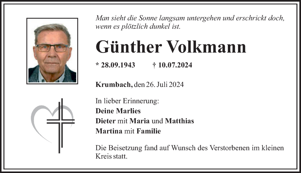 Traueranzeige von Günther Volkmann von Mittelschwäbische Nachrichten