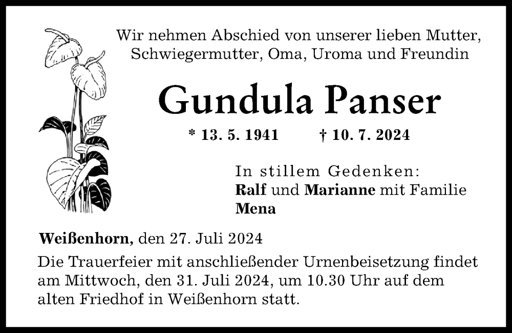 Traueranzeige von Gundula Panser von Neu-Ulmer Zeitung