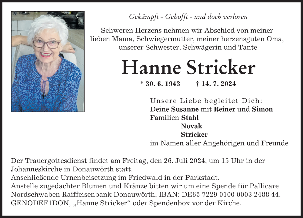 Traueranzeige von Hanne Stricker von Donauwörther Zeitung