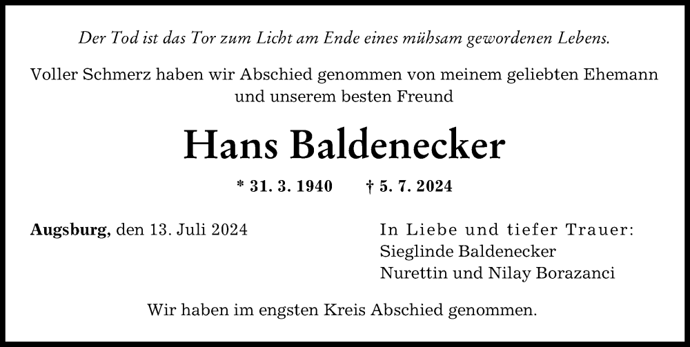 Traueranzeige von Hans Baldenecker von Augsburger Allgemeine
