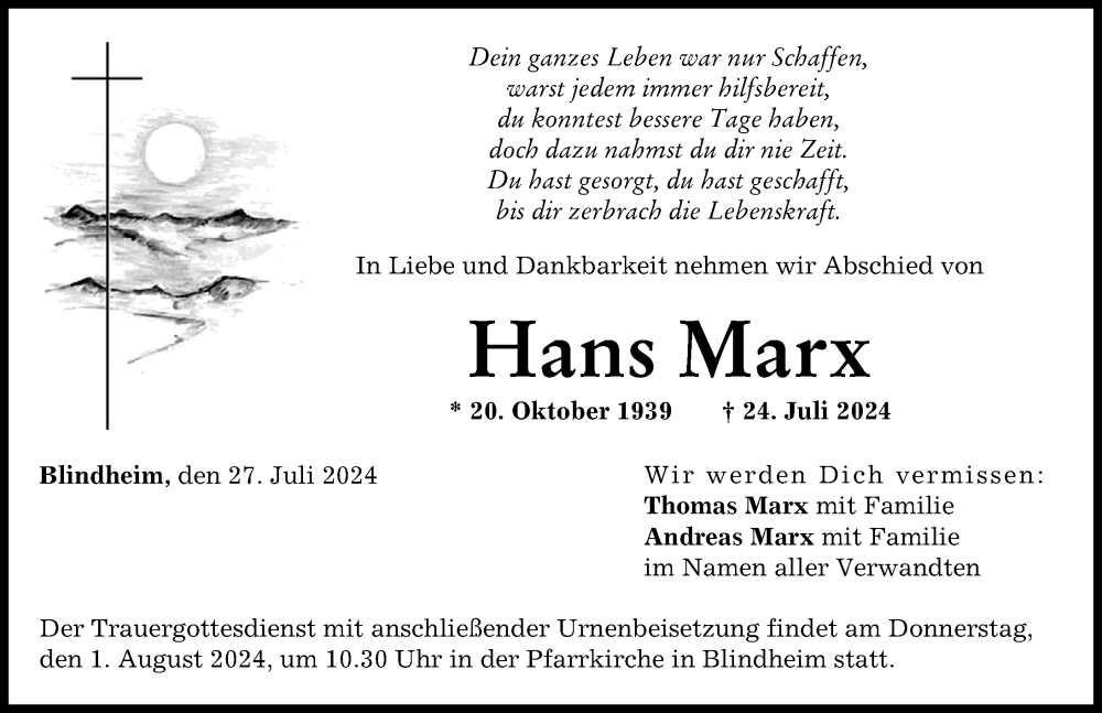 Traueranzeige von Hans Marx von Donau Zeitung