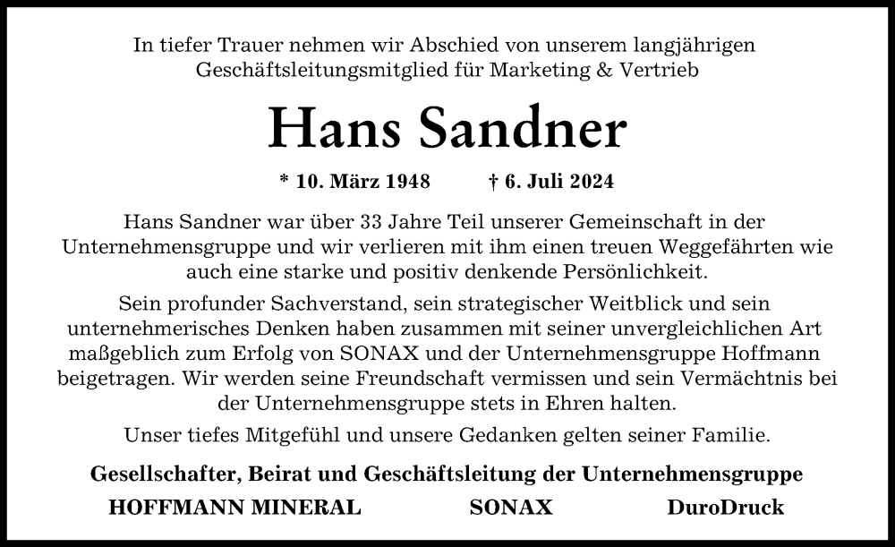 Traueranzeige von Hans Sandner von Neuburger Rundschau