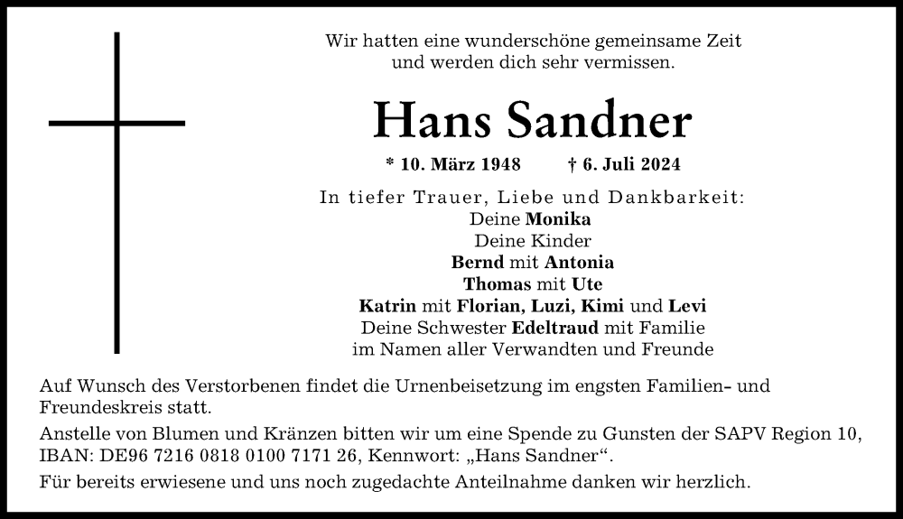 Traueranzeige von Hans Sandner von Neuburger Rundschau