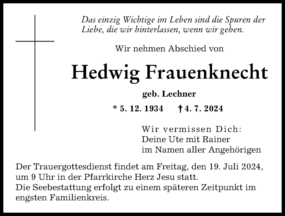 Traueranzeige von Hedwig Frauenknecht von Augsburger Allgemeine