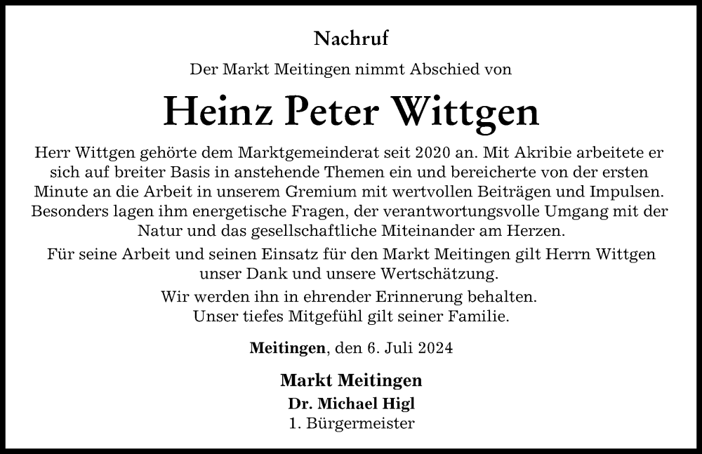  Traueranzeige für Heinz Peter Wittgen vom 06.07.2024 aus Augsburger Allgemeine