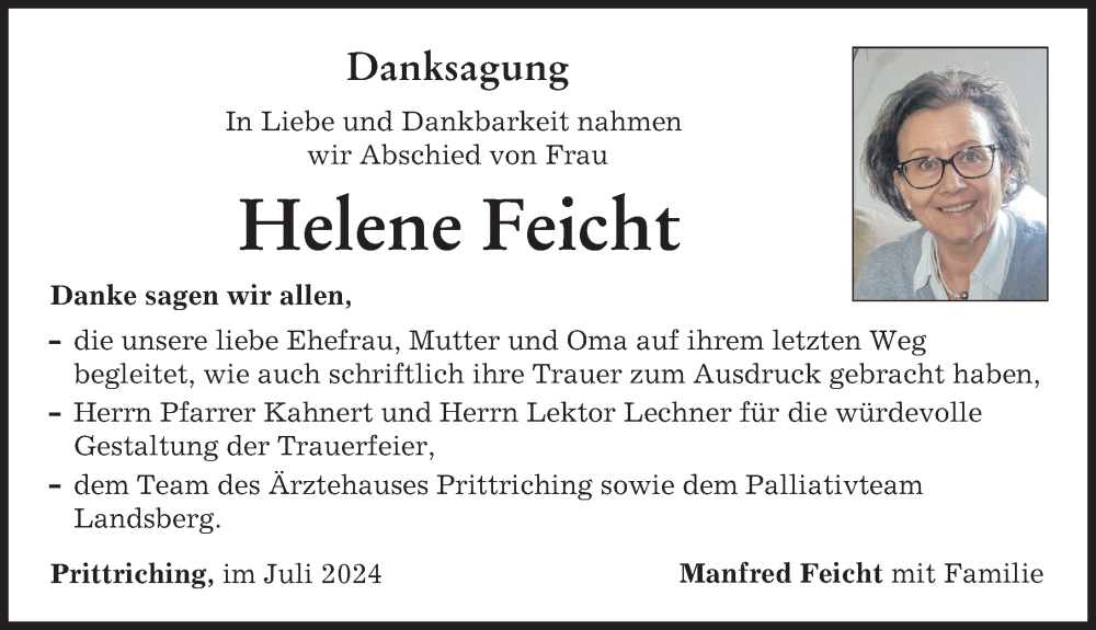 Traueranzeige von Helene Feicht von Landsberger Tagblatt, Friedberger Allgemeine