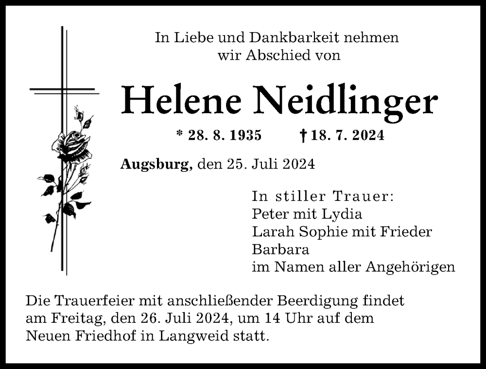 Traueranzeige von Helene Neidlinger von Augsburger Allgemeine