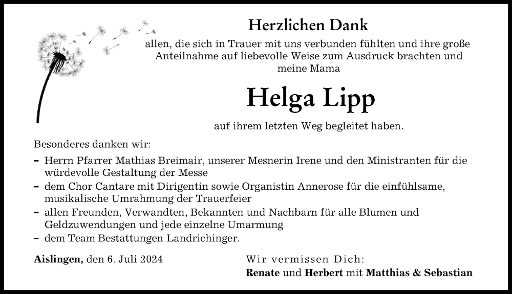 Traueranzeige von Helga Lipp von Donau Zeitung