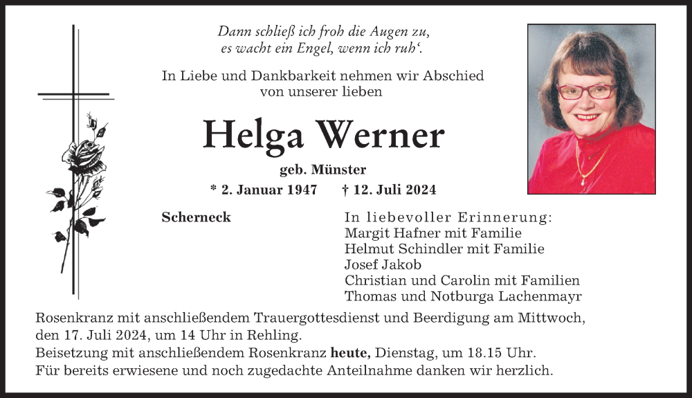 Traueranzeige von Helga Werner von Augsburger Allgemeine, Aichacher Nachrichten