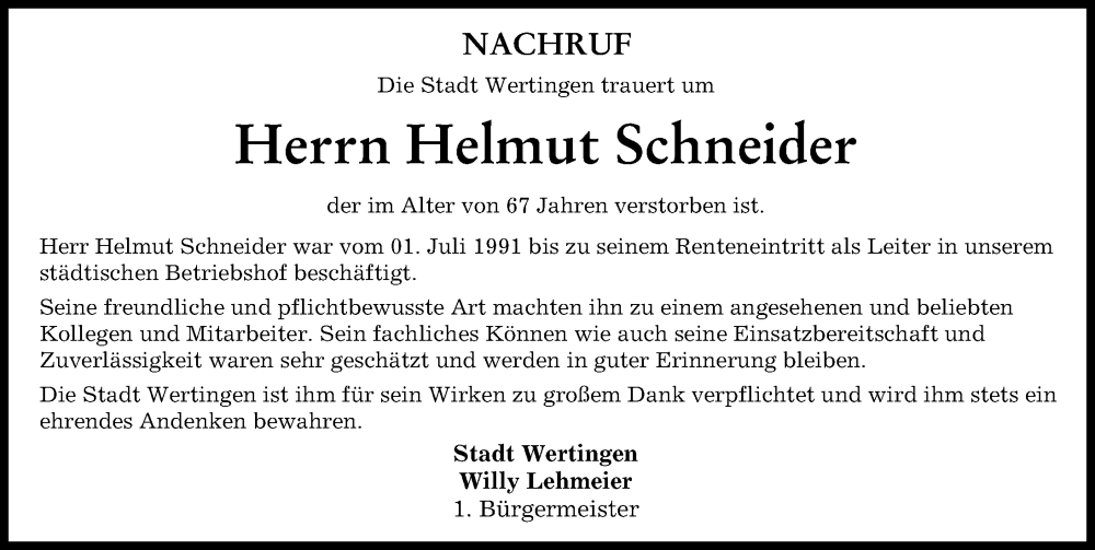 Traueranzeige von Helmut Schneider von Wertinger Zeitung, Donau Zeitung