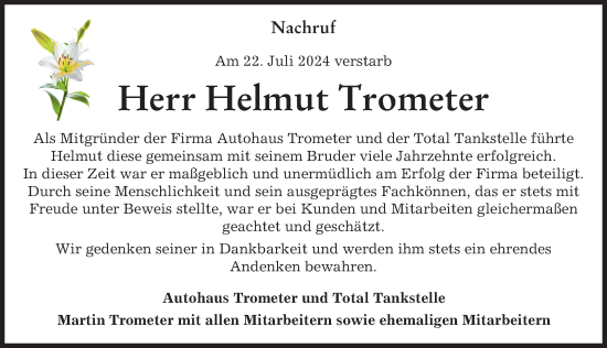 Traueranzeige von Helmut Trometer von Schwabmünchner Allgemeine