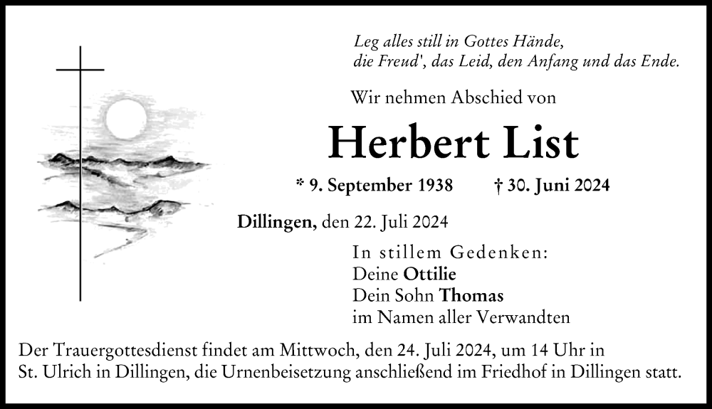 Traueranzeige von Herbert List von Donau Zeitung