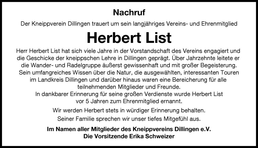 Traueranzeige von Herbert List von Donau Zeitung