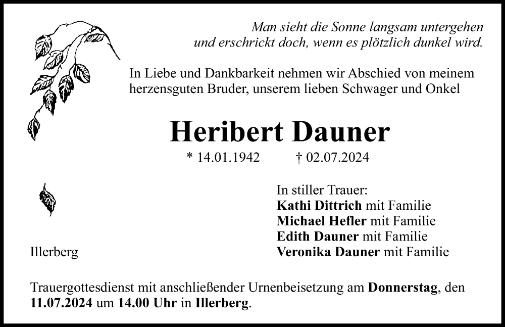 Traueranzeige von Heribert Dauner von Neu-Ulmer Zeitung