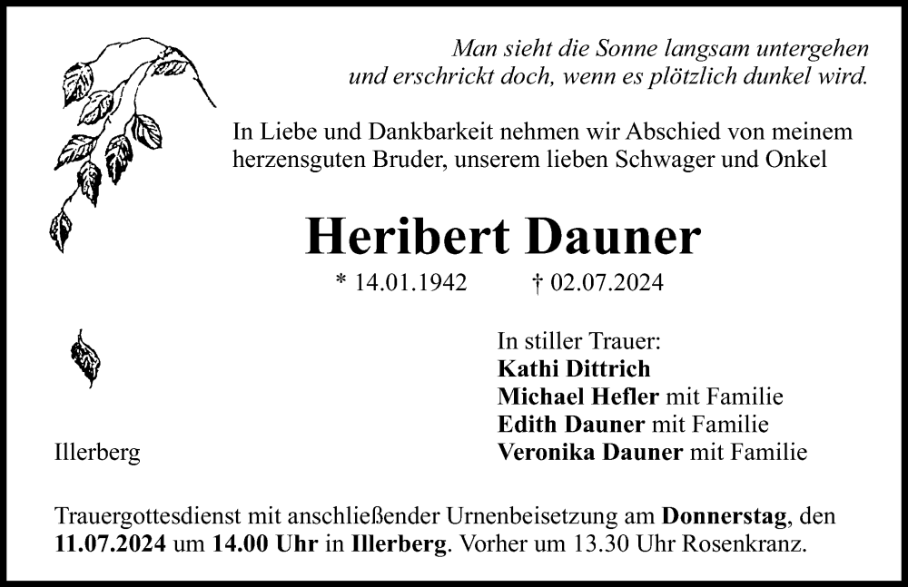 Traueranzeige von Heribert Dauner von Neu-Ulmer Zeitung