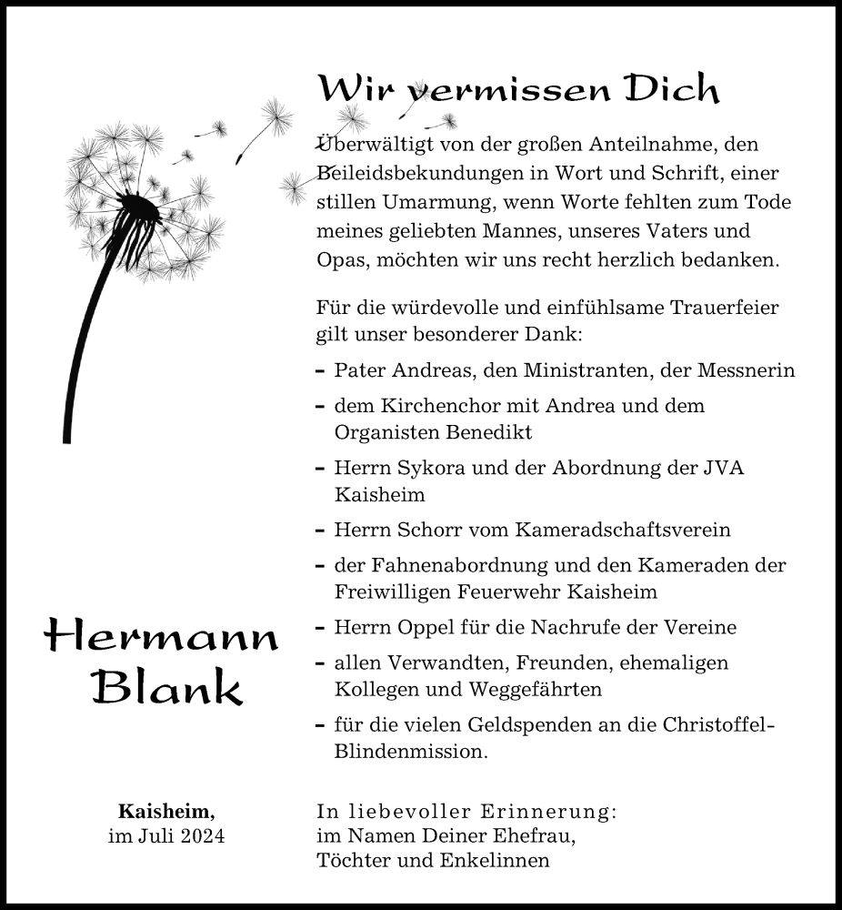 Traueranzeige von Hermann Blank von Donauwörther Zeitung