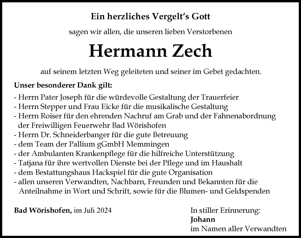 Traueranzeige von Hermann Zech von Mindelheimer Zeitung