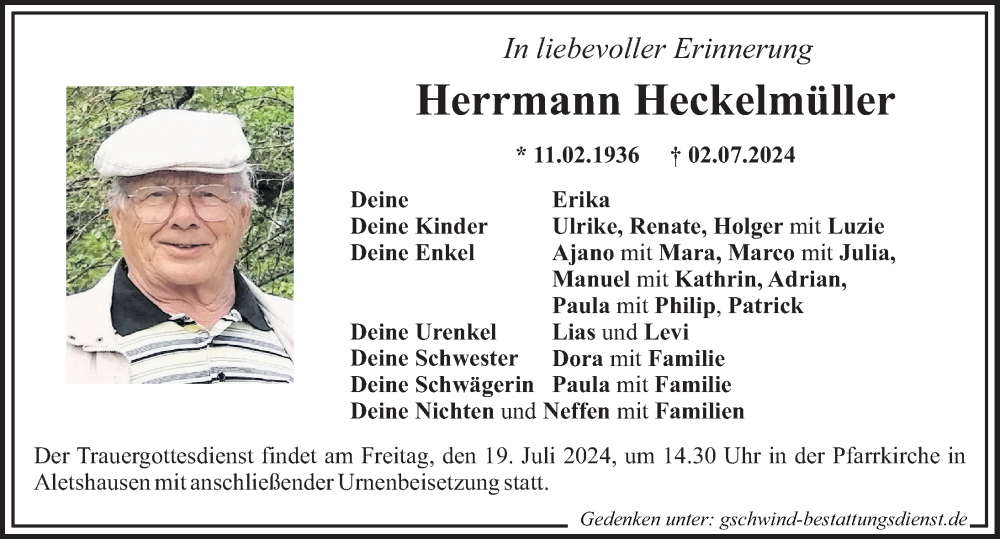 Traueranzeige von Herrmann Heckelmüller von Mittelschwäbische Nachrichten