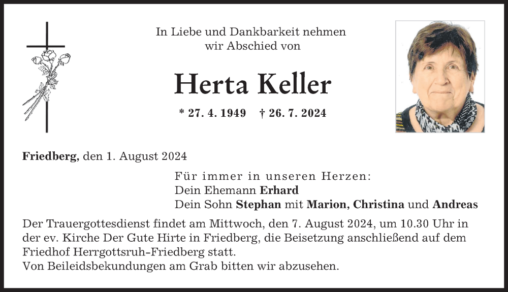 Traueranzeige von Herta Keller von Friedberger Allgemeine