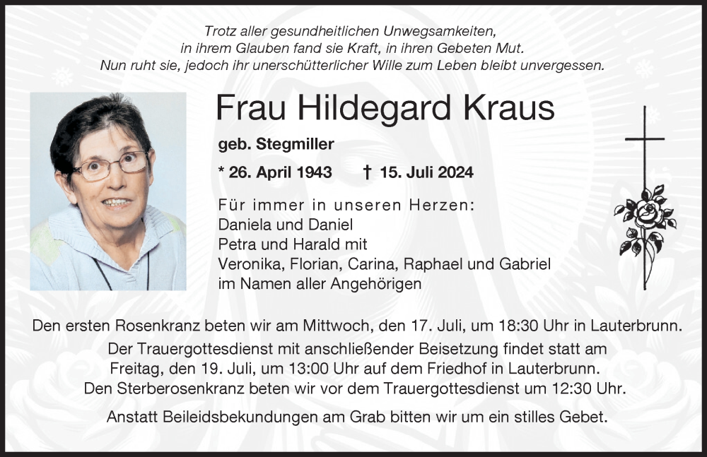 Traueranzeige von Hildegard Kraus von Wertinger Zeitung, Augsburg-Land