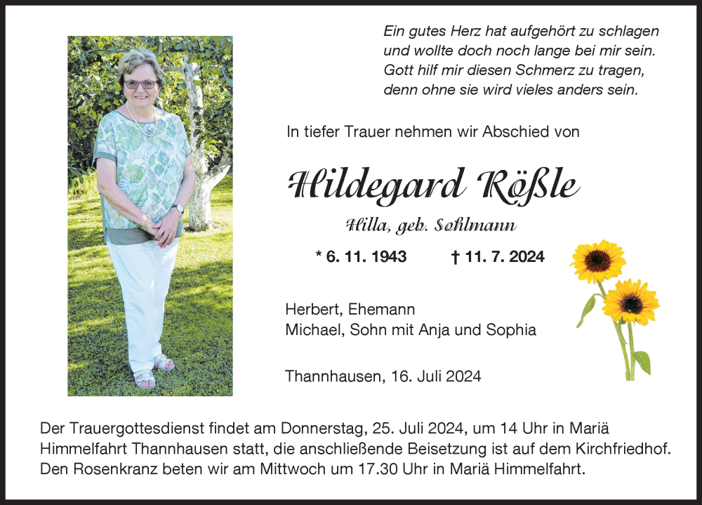 Traueranzeige von Hildegard Rößle von Mittelschwäbische Nachrichten