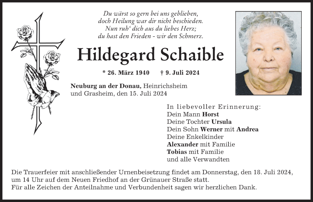 Traueranzeige von Hildegard Schaible von Neuburger Rundschau