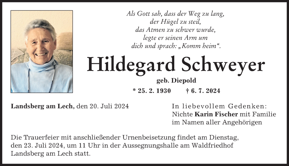 Traueranzeige von Hildegard Schweyer von Mindelheimer Zeitung, Landsberger Tagblatt