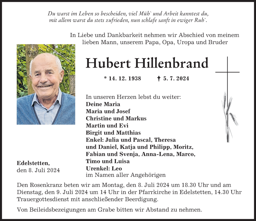 Traueranzeige von Hubert Hillenbrand von Mittelschwäbische Nachrichten