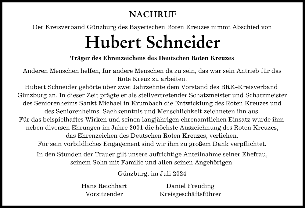 Traueranzeige von Hubert Schneider von Mittelschwäbische Nachrichten