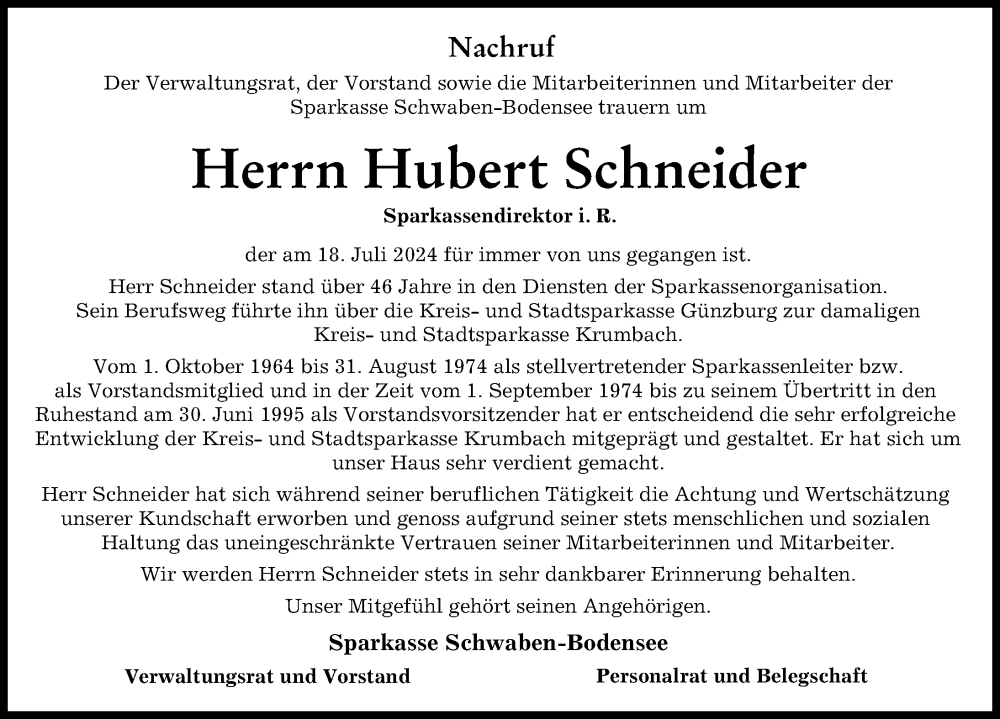 Traueranzeige von Hubert Schneider von Mittelschwäbische Nachrichten, Günzburger Zeitung