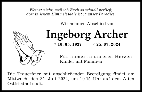 Traueranzeige von Ingeborg Archer von Augsburger Allgemeine