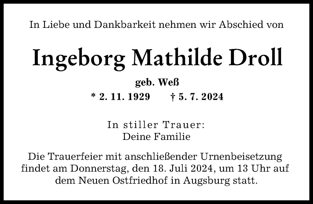 Traueranzeige von Ingeborg Mathilde Droll von Augsburger Allgemeine