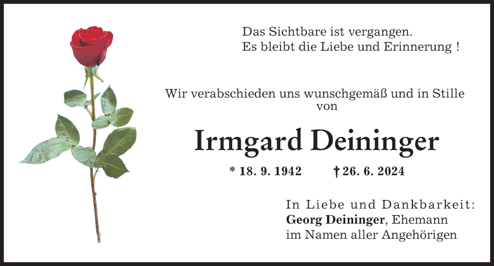 Traueranzeige von Irmgard Deininger von Friedberger Allgemeine