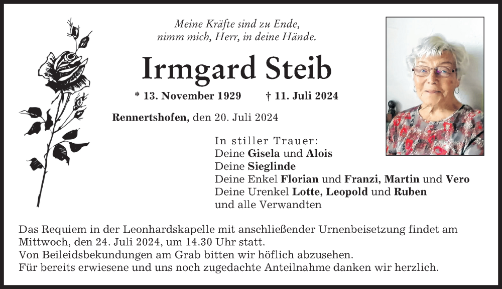 Traueranzeige von Irmgard Steib von Neuburger Rundschau