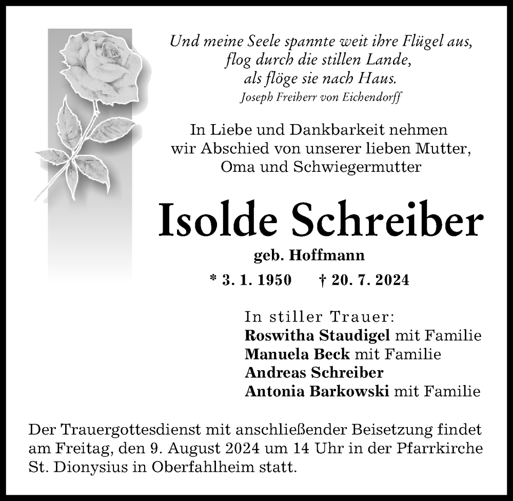 Traueranzeige von Isolde Schreiber von Günzburger Zeitung, Neu-Ulmer Zeitung