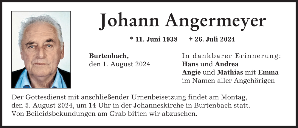 Traueranzeige von Johann Angermeyer von Günzburger Zeitung