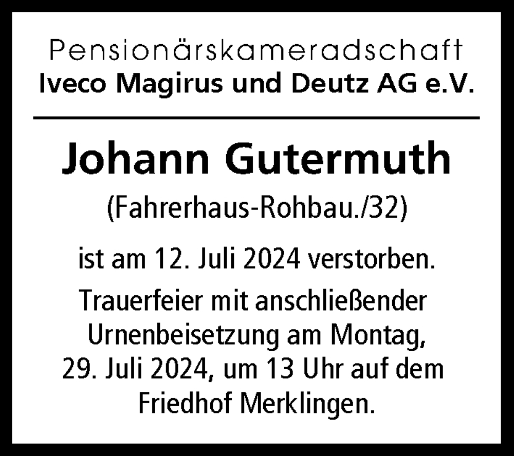 Traueranzeige von Johann Gutermuth von Illertisser Zeitung, Günzburger Zeitung, Neu-Ulmer Zeitung