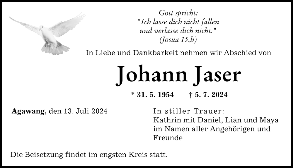 Traueranzeige von Johann Jaser von Augsburger Allgemeine